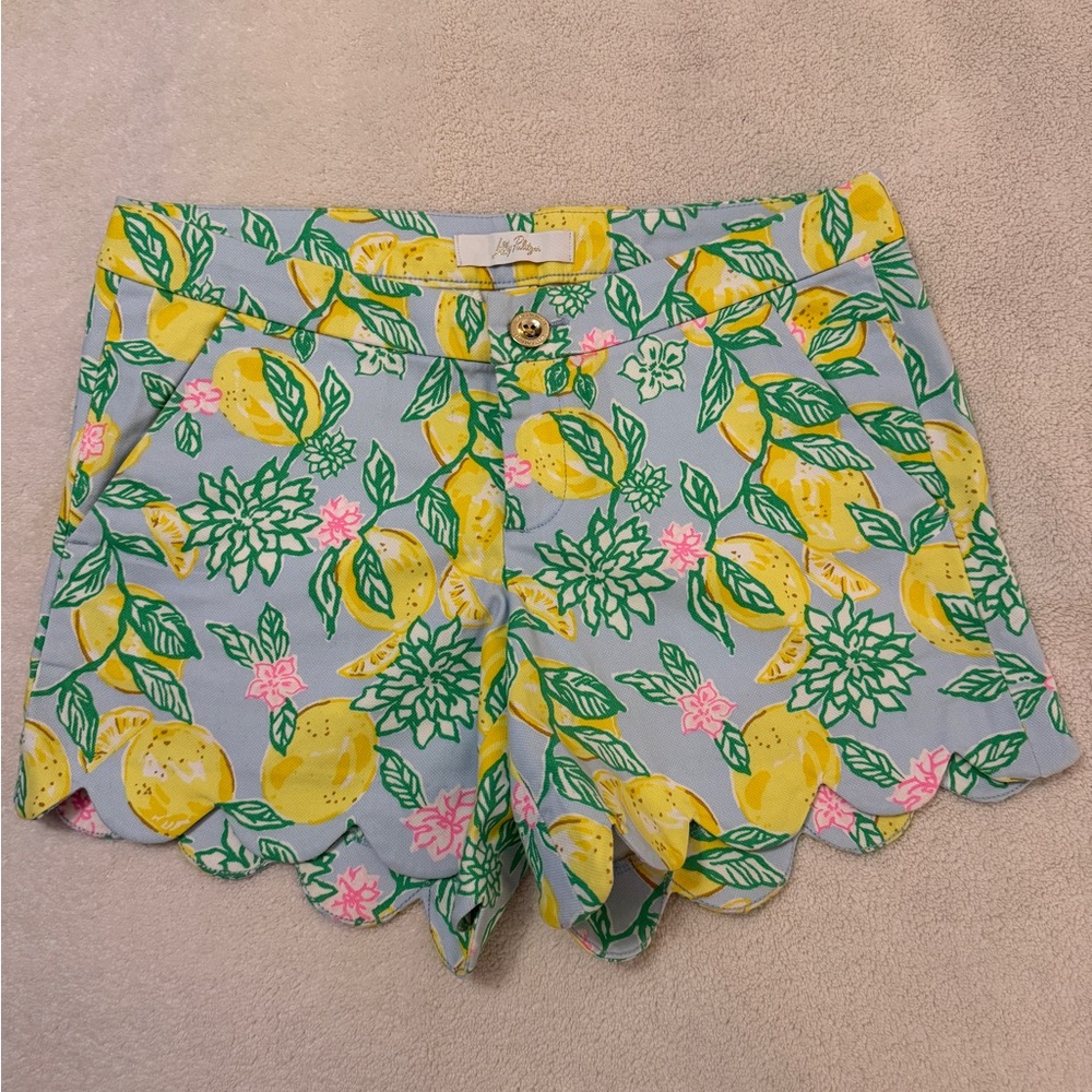 Lilly Pulitzer Lemon Scallop Hem High-Waist Shorts in Light Blue and Yellow